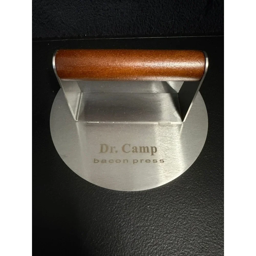 Dr. Camp Bacon Press Stainless Steel Round Meat Weight with Wood Handle Silver